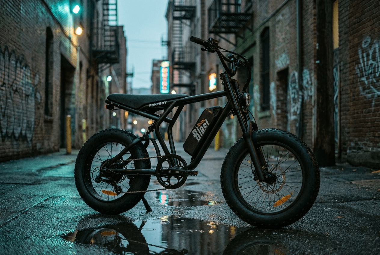 Ponyboy Full Suspension parked in a rainy brick alley at dusk