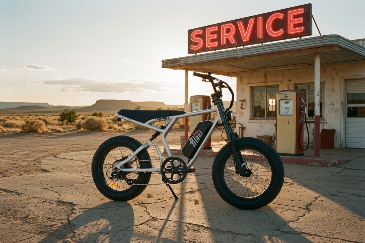 Ponyboy Full Suspension in Raw Silver outside a desert service station at golden hour