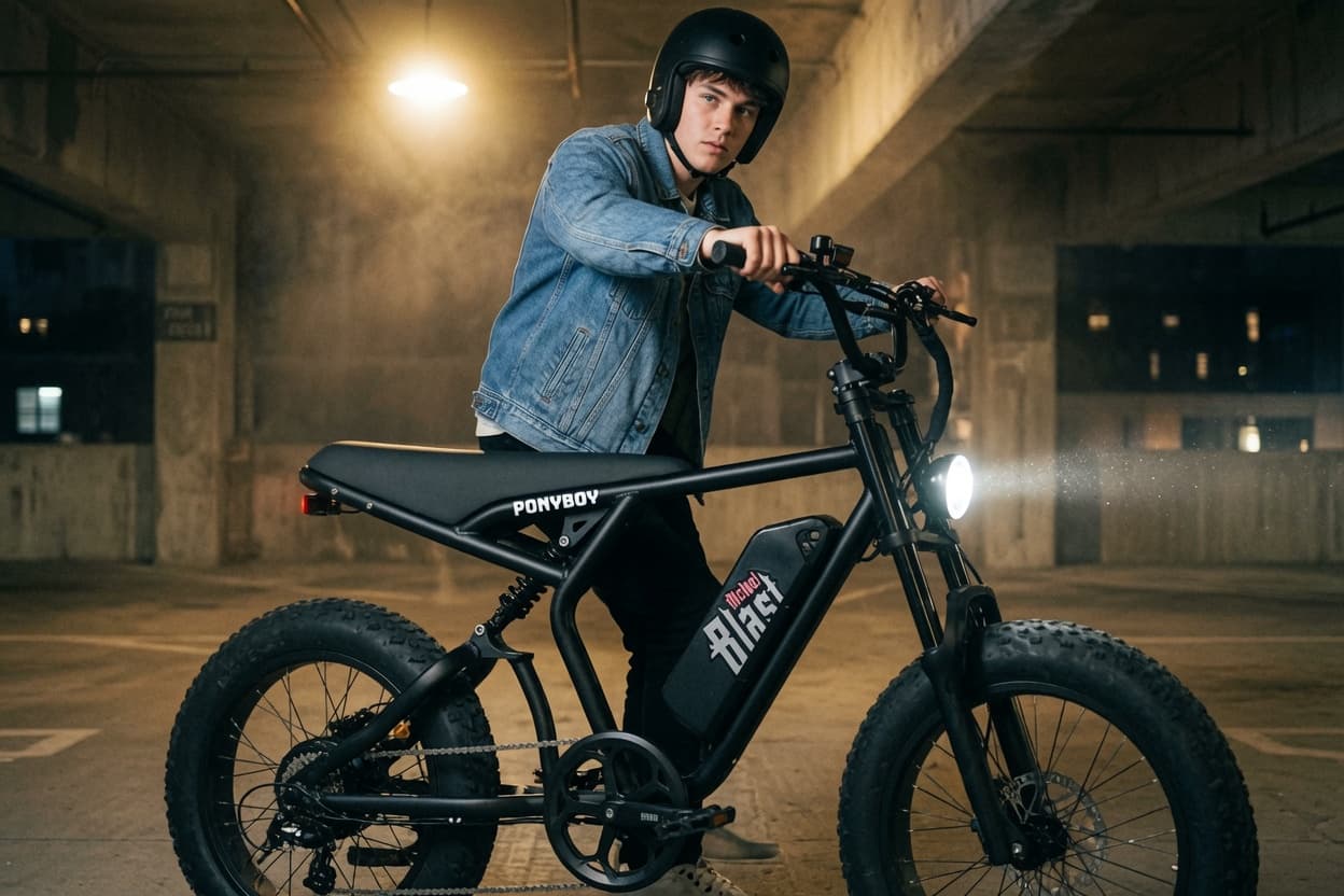 Rider in denim jacket and helmet standing over the Ponyboy Full Suspension in a parking garage