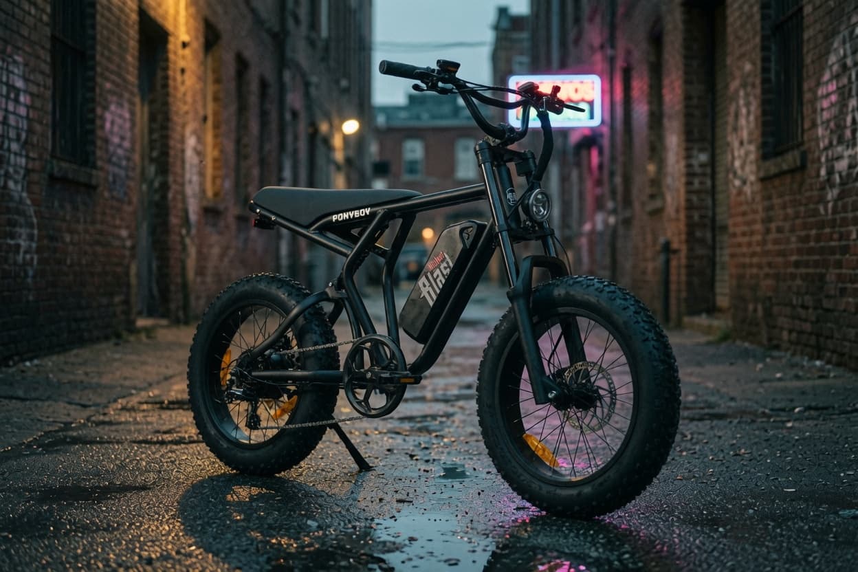 Ponyboy Full Suspension parked in a neon-lit brick alley on wet pavement