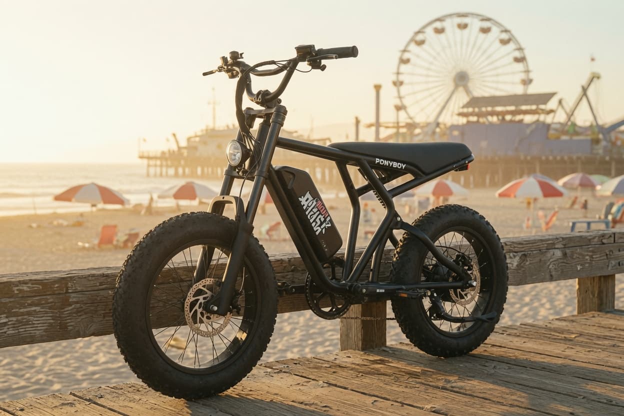 Ponyboy Full Suspension on a boardwalk at golden hour with a ferris wheel behind