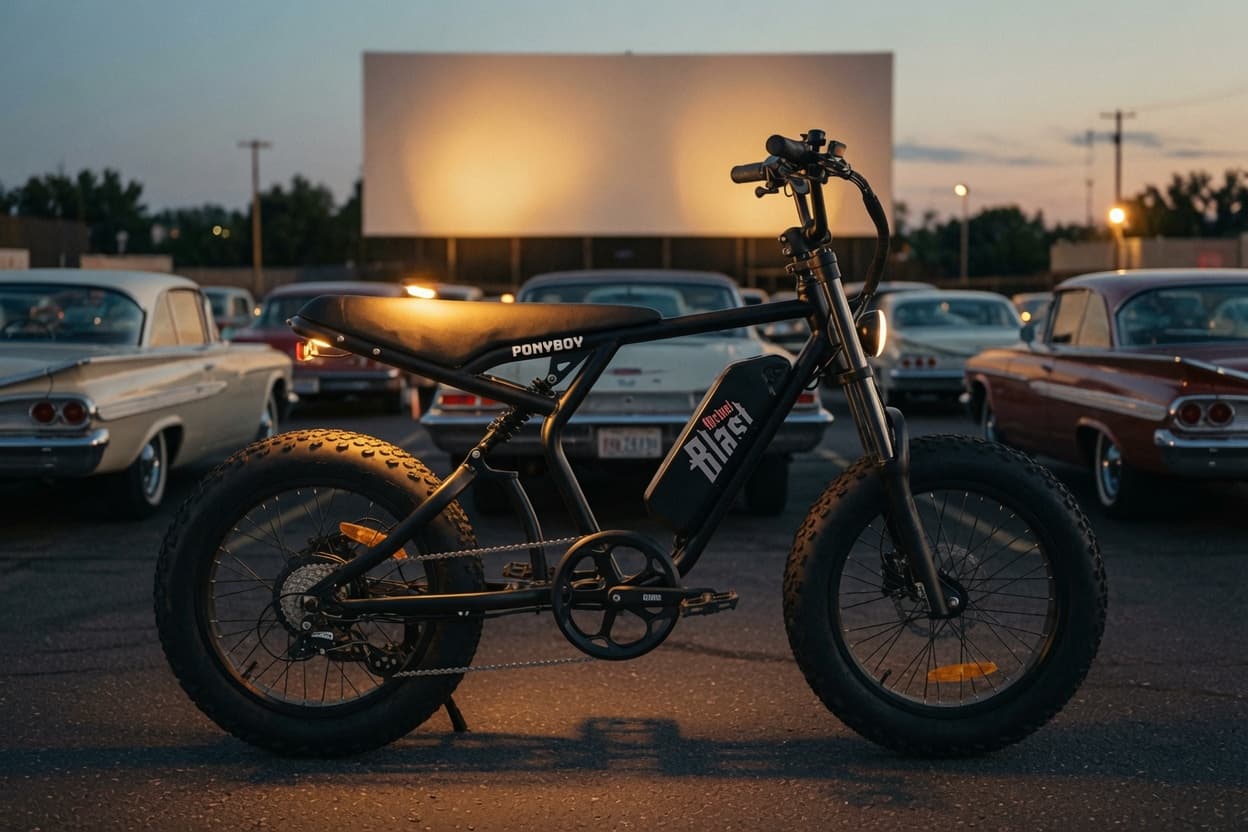 Ponyboy Full Suspension in Matte Black parked at a drive-in theater at dusk