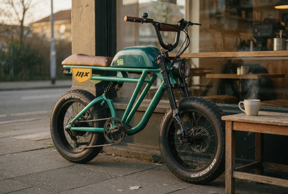 Outsider MX full-suspension scrambler parked outside a café